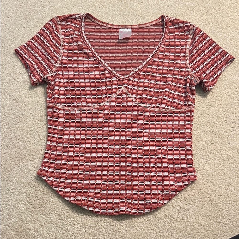 No Boundaries red and white striped v-neck top